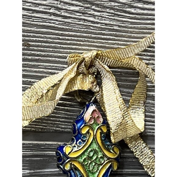 Metallic Cross Christmas Ornament 6” Blue Yellow Gold Ribbon Unique Hand Painted - Picture 11 of 12